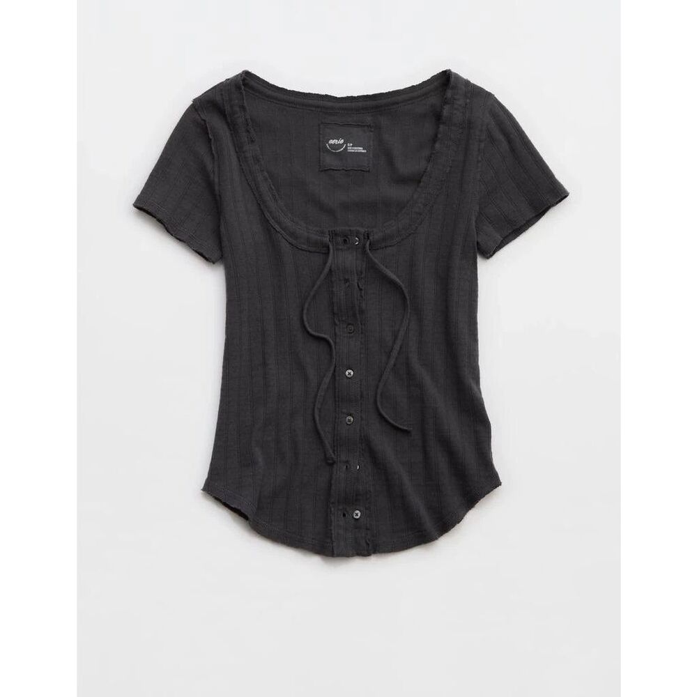 Aerie Sneak Peak Tie Button Front Scoop Neck Smoked Grey Size M